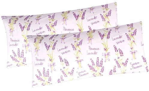 Renforcé Kissenbezug 2er Set 40x80cm Geblümt (KY-Lavendel-mit-Text) | Kopfkissen-Bezug, Kissenhülle, Dekokissenbezug aus 100% Baumwolle, Reißverschluss