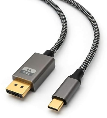 USB C to Display Port DP1.4 Braided Cable 1.8m 8K@60Hz 4K@144Hz HDR Thunderbolt 3/4 Compatible with MacBook Pro/Air iMac Dell XPS Lenovo Yoga Laptop to Monitor Unidirectional (1.8 metres)