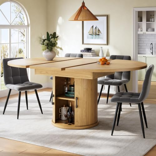 Gxffipw Extendable Dining Table Kitchen Table for 4-6 People, Minimalist Round Dining Tables with Storage and Door, Kitchen Furniture with Shelve, Extends to Oval, Light Brown, 118-158x118x76.8 cm