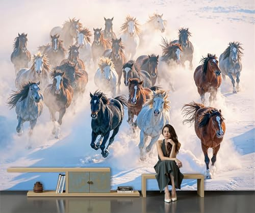 Blanco Mural Papel Tapiz Seda con Caballo Al Galope – Fotomural Decorativo Natural para Sala, Dormitorio Infantil o Adulto – Animales Realistas Diseño, 300 x 210 cm