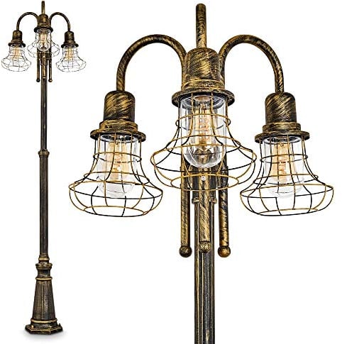 HOFSTEIN Außenleuchte Borkan, Kandelaber in antikem Look, Aluguß in Braun/Gold mit Klarglas-Scheiben, 3-armige Wegeleuchte 210 cm, Retro/Vintage Gartenlampe, 3 x E27-Fassung, IP44, ohne Leuchtmittel