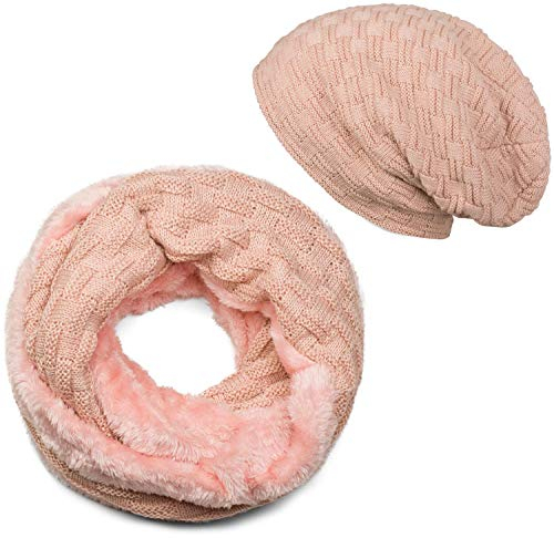 styleBREAKER Strick Loop Schal und Beanie Mütze Set mit Flecht Muster, Fleece Innenfutter, Winter, Unisex 01018211, Farbe:Altrose