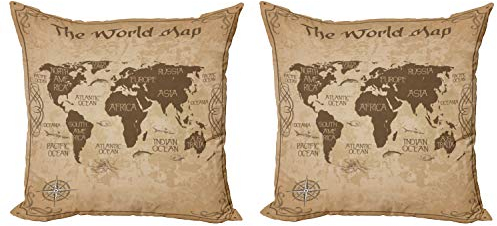 ABAKUHAUS Weltkarte Dekokissen Kissenbezug 2er Pack, Vintage Topographic Image, Modern Accent Doppelseitiger Digitaldruck, 40x40, Pastel Braun Taupe