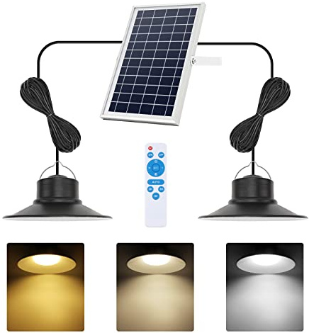 NIORSUN Solar Indoor Lights Outdoor, LED Solar Pendant Lights 3 Color Dimmable Lighting with Remote Control, Gazebo Lights,2x16.4ft Cable IP65 Waterproof for Garden, Patio, Garage, Camp(2 Pack)
