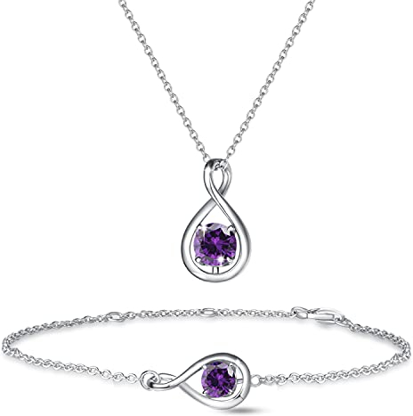 FANCIME 925 Sterling Silber Infinity Anhänger Geburtsstein Halskette Und Armband, Februar Amethyst Schmuck Set Valentinstag Geburtstag Weihnachten Geschenk Für Damen Frauen Mutter