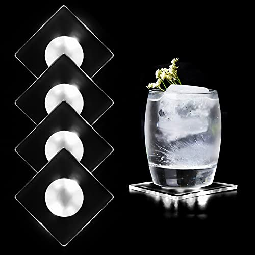 MEDOYOH 4er-Set Quadratisch Kühle Weiß LED Untersetzer für Getränke, ON/Off Wasserdicht Acryl Getränke Untersetzer Leuchtende für Gläser Flaschen Partys Hochzeiten Bar Weihnachten