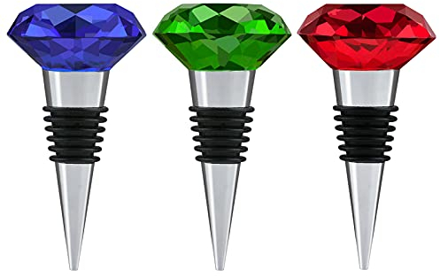 WANDIC Lot de 3 bouchons de bouteille de vin en forme de diamant, rouge, bleu, cristal transparent en métal, bouchon décoratif pour bouteille de vin en verre pour bar, fête, 3 couleurs