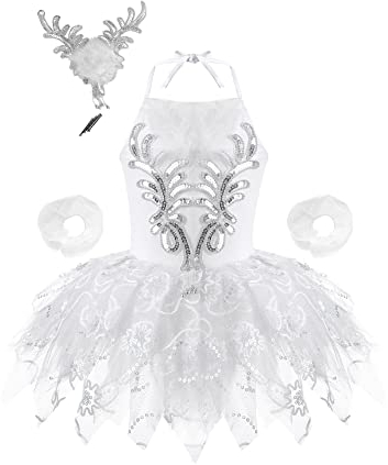TiaoBug Mädchen Ballettkleidung 3tlg.Set Ballettkleid+Handschuhe+Haarband Kinder Ballettanzug Ballett Trikot Tanz Kostüm Tütü Kleid 104 110 116 122 128 140 152 Weiß E 122-128