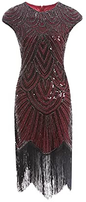 MIMIKRY 20er Jahre Charleston Pailletten Kleid Rot/Schwarz mit Fransen Flapper Damen-Kostüm, Größe:XXL