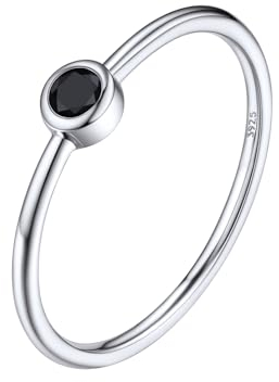 Silvora Minimalistischer Schmaler Ring mit Schwarzem Runden Zirkon im Rundschliff Sterling Silber 925 Schlichter Zirkonia Damen Ring Ringgröße 54(17.3) in Silber für Geburtstag Valentinstag Jubiläum