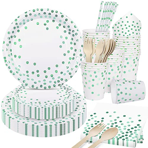 168 Pezzi Set di Piatti di Carta Usa e Getta Verdi, Stoviglie per Feste Piatti di Carta Tovaglioli Posate per Compleanno Anniversario di Matrimonio Decorazione con Cucchiaio Forchetta (24 Ospiti)