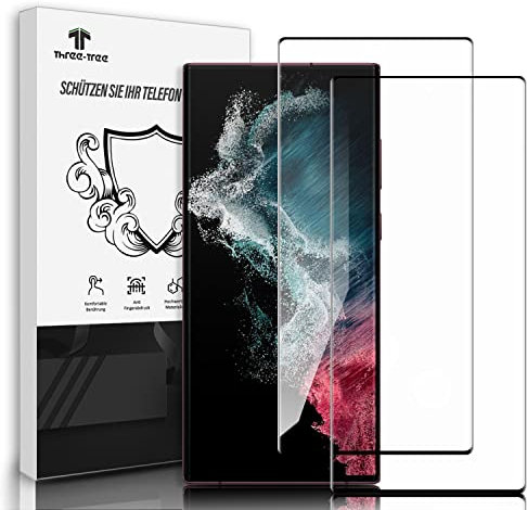 Three-Tree Protector de pantalla de cristal templado para Samsung Galaxy S22 Ultra – 2 unidades, ID de huella dactilar, compatible con 3D, cobertura completa, protector de pantalla HD para Samsung S22