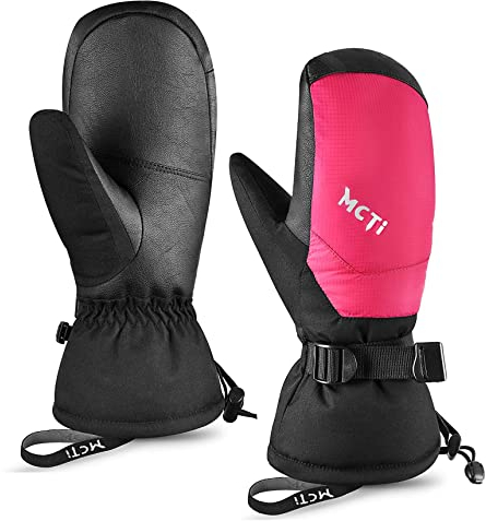 Kineed Ski Fäustlinge Winter Daunenhandschuhe Fausthandschuhe Skihandschuhe Schnee Wasserdicht Touchscreen für Damen Frauen Rosarot