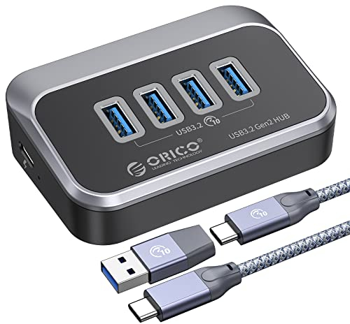 USB C Hub, ORICO 4 Port USB 3.2 Gen 2 Data Hub 10Gbps, ABS USB Splitter mit 0.5M Datenkabel, USB Verteiler für Mac Pro/Mini, PC, Festplatte, Disk