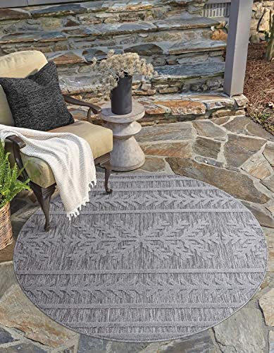 carpet city In-& Outdoor Teppich - Rund 200 cm - für Innen-& Außenbereich - Wetterfest Balkon-Teppich, Terrasse, Flur, Küche - Wohnzimmer-Teppiche - Hochtief/ 3D-Effekt - Ethno-Optik in Anthrazit