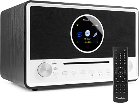 Audizio Lucca Internet DAB Radio and CD Player, Bluetooth 5.0 WiFi Streaming, DAB+, USB MP3 MicroSD Playback, 60W Stereo Speakers, Alarm Clock, Remote Control - Black and Silver