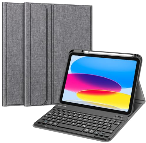 FINTIE Tastatur Hülle für iPad 11.Generation 11 2025, iPad 10. Generation 2022 10.9, Schutzhülle mit TPU Rückschale, Pencil Halter und magnetisch Abnehmbarer Tastatur mit QWERTZ Layout, Grau