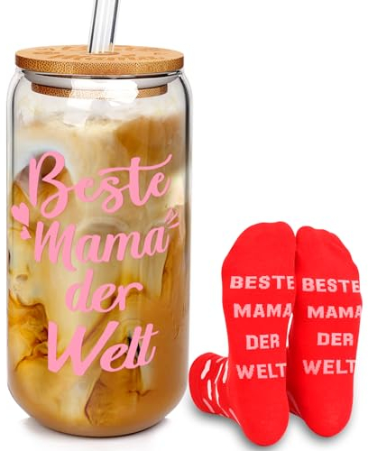 Geschenk für Mutter, Dose Glas Kaffeetassen und nette lustige Neuheit Socke für Mama, 500ml Trinkgläser mit Bambus Deckel und Glas Stroh wiederverwendbare Tasse für Mama