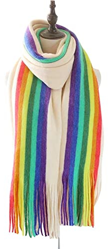 Vepoty Winter Langer Schal Weicher Regenbogenfarbener Schal Halswärmer Mode Dicke Quaste Schal Warmer Schal für Frauen Damen
