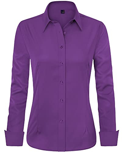 J.VER Womens Shirts Long Sleeve Purple Fitted Stretch Dress Shirt Business Work Office Tops Casual Fashion Ladies Blouses Shirts L