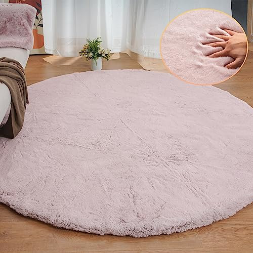 ORINOVA Tapis Rond Rose 240 cm Doux Chambre Salon Fausse Fourrure Moelleux Tapis Lavable Poil Ras Fluffy Grey Round Carpet Round