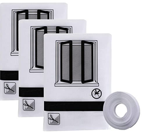 DALINA Textil - Malla Mosquitera para Ventanas con Rollos De Cintas Autoadhesivas,Mosquiteras Ventana,Protectora de Insectos para Ventana,Blanco Pack de 3 Piezas de 150x250cm