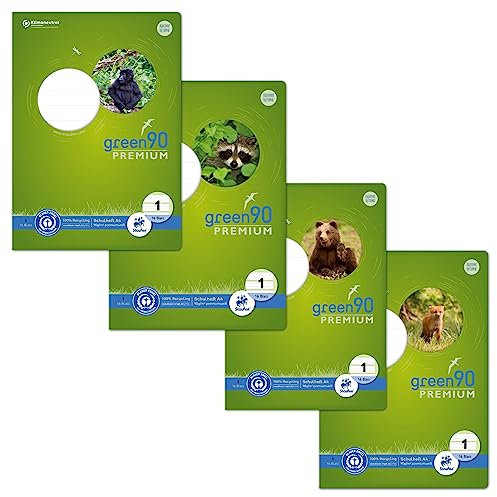 Staufen premio Cahier d'apprentissage de l'écriture, 4 cahiers de 16 feuilles chacun, format DIN A4, linéature 1 (ligné 5/5/5 mm, linéature colorée), papier recyclé de 90 g/m², coins arrondis pour