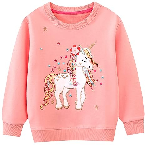 FILOWA Felpa per Bambina, Ragazza Unicorno Ricamo Pullover Maglione Cotone Manica Lunga Maglietta Casual Top, Bambine e Ragazze Senza Cappuccio Felpe 2-7 Anni, Rosa/Gris