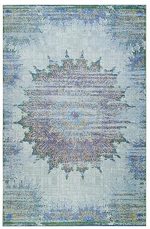 Moderner Kurzflor Teppich im Vintage Look von WECONhome für Wohnzimmer, Schlafzimmer oder Arbeitszimmer – Rooftop (140 x 200 cm, blau)