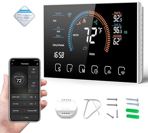 Bestechy Smart Thermostats for Home, Digital Thermostat with App, WiFi Thermostats for Home Heat Pumps, Cooling Heating & Auto, Includes C-Wire Adapter, LCD Screen/Voice Control/Weather/Energy Saving