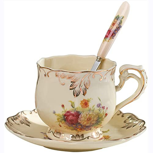 HUAMu tasses et soucoupes avec cuillères en porcelaine anglaise Motif lotus vintage rétro