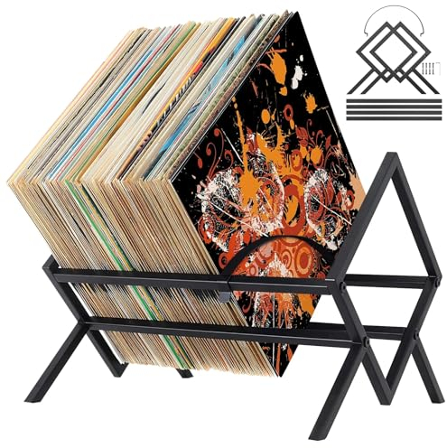 LPAMABA Soporte para Discos de Vinilo, Estante para Discos de Vinilo, Soporte para Archivos de Revistas, Soporte para CD/DVD de Musica, Soporte de Vinilos Expositor Discos de Hierro para 80-100 LP