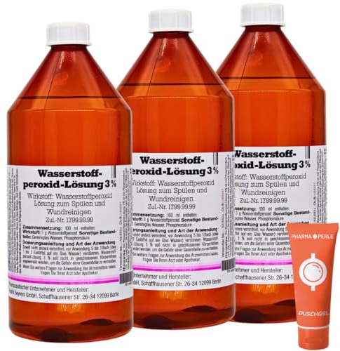 Wasserstoffperoxid Lösung 3%, 3x 1000 ml I Lösung zum Spülen und Wundreinigen I Munddesinfektion I Mundgeruch, Zahnfleischbluten, Mundschleimhautenzündung I Spar-Set plus Pharma Perle give-away