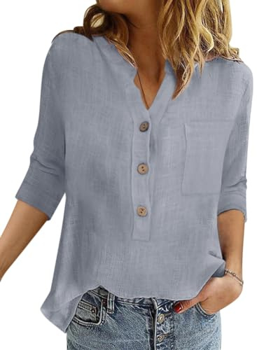 Onsoyours Chemisier Femme Chic Sexy Chemise en Coton Lin à Manche 3/4 Décontracté Blouse Ample à Col V Tunique Printemps Eté Top Couleur Unie Lâche Respirant T-Shirts A Gris XXL
