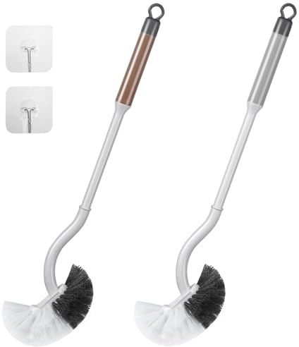 2er Set Toilettenbürste,Klobürste mit randreiniger,Langer Stiel klobürste gebogen WC-Bürste mit Tiefenreinigung Toter Ecken,Kunststoff-Toilettenbürstenset(grau/braun)