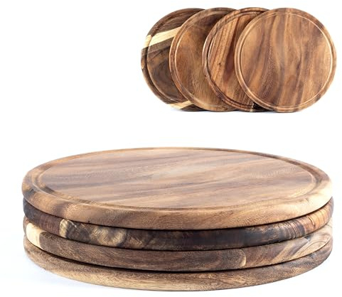 Hanseküche Fleischteller Akazie Ø 25 cm – 4er Set Holzteller rund – Vesperteller, Brotzeitbrett, Servierbrett, Schneidebrett aus Holz – ideal für Frühstück, Grillen & Servieren