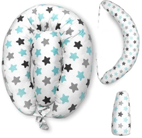 Cojín de Lactancia y Embarazo 2 en 1 – Onubi Baby – Incluye Cojín Lumbar – Funda Lavable – Apoyo Ergonómico para Mamá y Bebé – Gris Estrellas