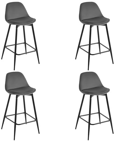 Klihome Lot de 4 Tabourets Bar, Tabourets de Bar pour Petit-Déjeuner, Tabourets de Cuisine avec Dossier, Siège Rembourré en Velours et Cadre en Métal avec Repose-Pieds, Gris foncé, K0005BH-4
