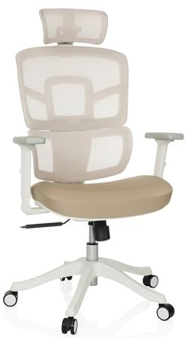 MyBuero Drehstuhl ergonomisch ERGOMY I W Bürostuhl mit Flexibler Lordosenstütze, Kopfstütze, Armlehnen, Netz-Rückenlehne, Stoff Beige