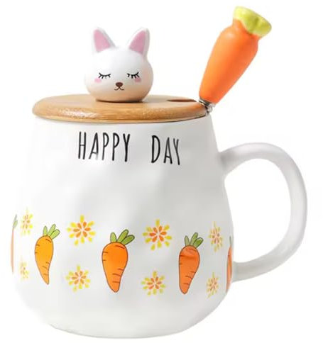 Tasse Ostern Ostertasse Kindertasse - Tasse Hase 400ml Keramik Kaffeetasse Milch Becher mit deckel, Geschenk Teetasse mit Edelstahl Löffel, Süße Tasse Geschenke für Frauen