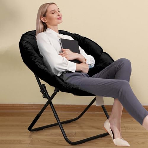 OSKOPWRC Saucer Shaped Chair with Foldable Metal Frame, Folding Faux Fur Moon Chair Lounge Chairs with Soft Cushion, Cozy Lazy Seat for Bedroom, Balcony, Living Room Black