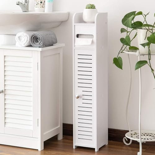 YORKSHIRE HOMEWARE White Wooden Free Floor Standing Toilet Roll Tissue Paper Cabinet | Bathroom Storage Cupboard Cabinet with Doors and Shelves | Narrow Organizer Shelf Paper Holder