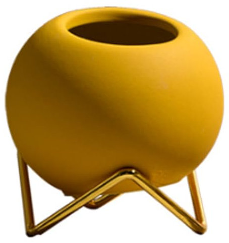 Jorzer Pots de fleurs sphériques pour plantes d'intérieur, pot de fleurs sphérique en céramique avec support en métal, pot de fleurs antidérapant avec large ouverture pour orchidées, jaune