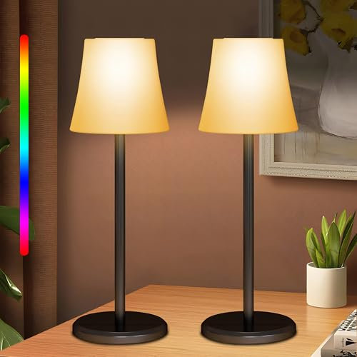 Tischlampe Kabellos, 2 Stück LED Aufladbar Akku Tischleuchte Stufenlose Dimmbare 3 Farbmodi+RGB, Touch Control IP54 Wasserdicht LED Tischlampe für Restaurant, Schlafzimmer, Party, Camping, Bar