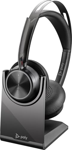 Poly Voyager Focus 2 Stereo Bluetooth Headset with USB C Charging Stand - Active Noise Cancelling, Comfortable, Lens, 50m Range, Certified for Teams, Zoom & Meet, PC/Mac/Mobile (New)(Renewed)