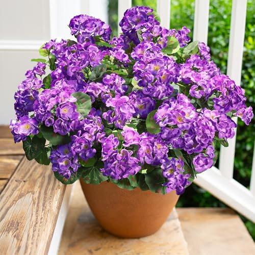 Künstliche Geranie Gefälschte Blumen für Außendekoration, 6 Bündel Seide Geranien Blume UV Beständig Aussehen Echte Kunstpflanzen für Außen Pflanzgefäß Haustür Garten Terrasse Balkon Hof Haus, Lila