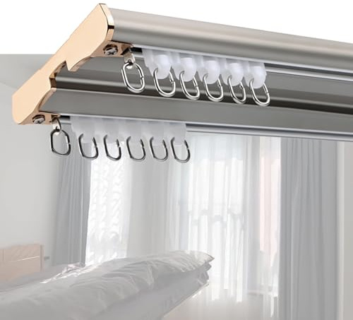 Stille Metall-Vorhangschiene, 1 m bis 6 m, doppelte Deckenschienen, einfache Installation, mit Seilsystem und Schrauben, perfekt für schwere Vorhänge, Grau, 600 cm