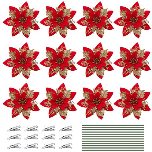 Jesustree Weihnachten Glitzer Weihnachtsstern, 12 Stück Künstliche Weihnachtsblumen Deko, Weihnachts Poinsettia Kunstblumen mit Vorbauten für Hochzeit Weihnachtsbaum Dekorationen
