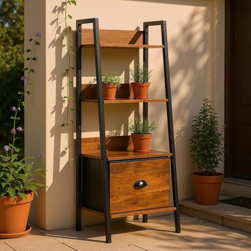 FurnitureR Garten-Beistelltisch Leiterregal 42x29x110 cm, 4 Ebenen, Stoffschublade, 12 mm Holzplatten & 20 mm Metallrahmen, 7,5 cm Rückwand, Outdoor & Balkon Deko-Regal