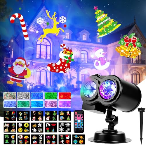 Projektor Weihnachten Outdoor,Projektorlampe Weihnachten mit Fernbedienung,2-in-1 3D Dynamische Projektor,mit 16 Folien 10 Ozeanwellen Effekt,180°-Verstellung,Beamer Deko für Wand Fenster Hof Party